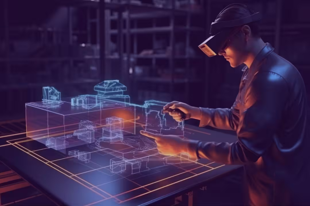 Profissional utilizando realidade aumentada para projetar ativos digitais em ambiente industrial